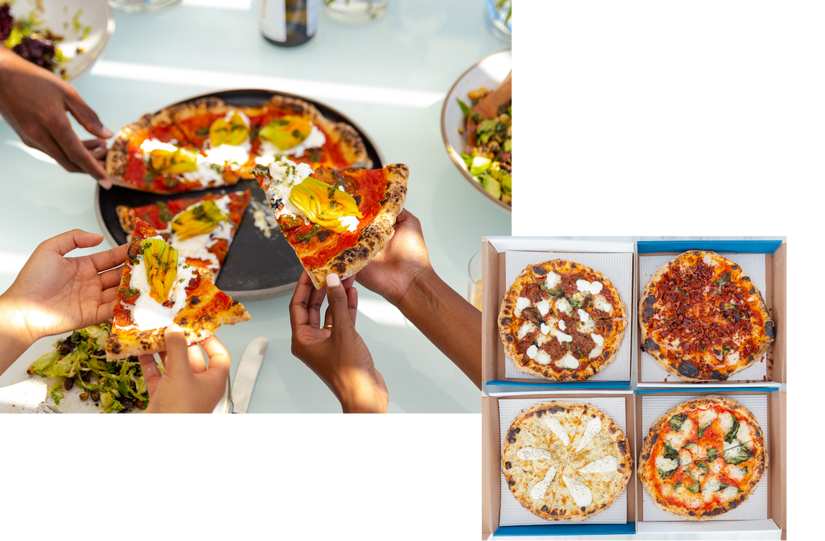 Hands taking slices of pizza and an assortment of four Neapolitan pizzas with fresh, high quality ingredients in pizza boxes