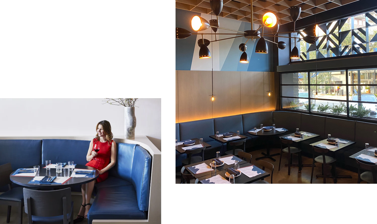 Pizzana founder Candace Nelson enjoying red wine at a blue Pizzana booth, and the interior of Pizzana Dallas restaurant offering a chic and contemporary dining experience